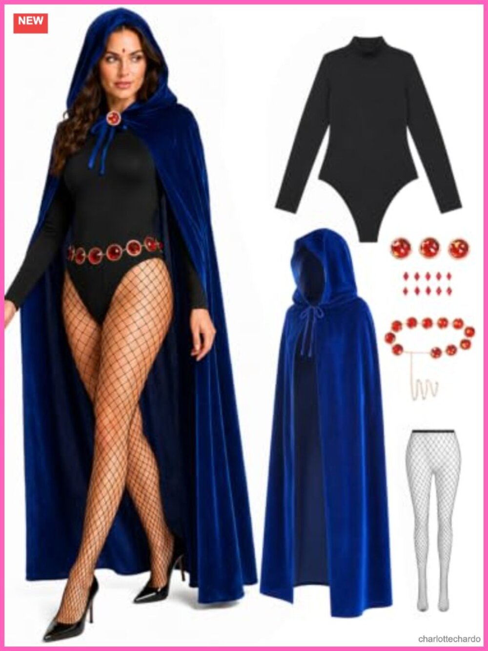Women's Velvet Cape Costume Set with Bodysuit Gem Belt